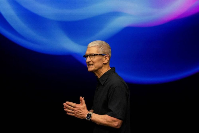 CEO of Apple Tim Cook gives a presentation as Apple holds an event at the Steve Jobs Theater on its campus in Cupertino, California, US September 9, 2024.